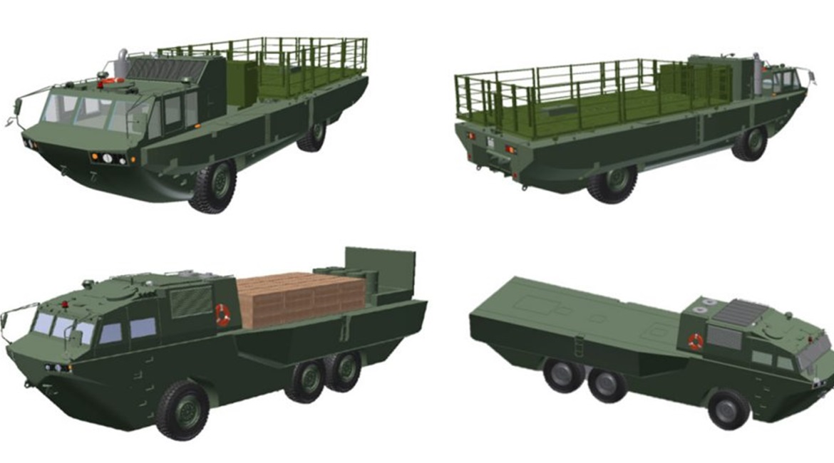 A CGI showing JMU Defense Systems' 4×4 and 6×6 multipurpose amphibious vehicles.