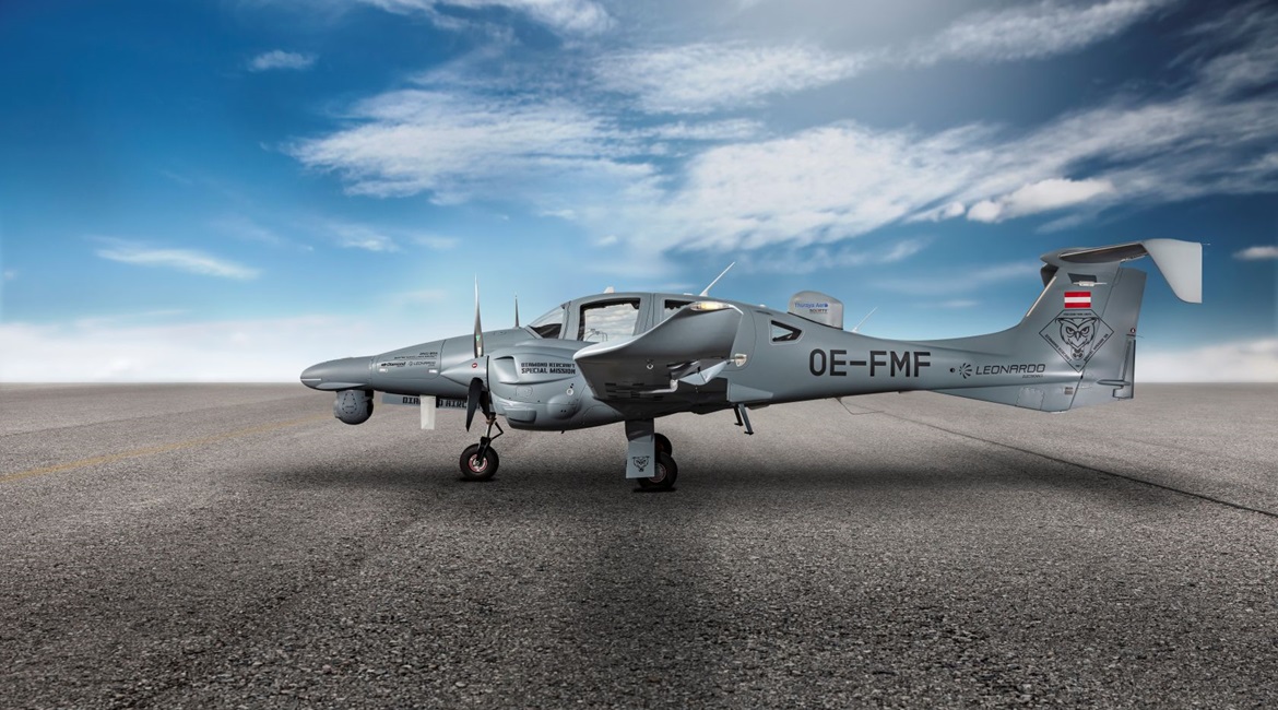 The Diamond Aircraft DA62 MPP fitted with the Thuraya Aero Satellite System and Trakka SWE-400 LE EO/IR gimbal.