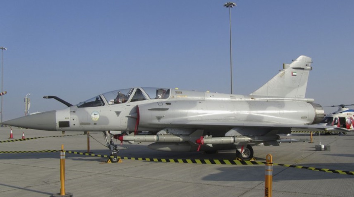 One of the UAE's Dassault Mirage 2000-9 aircraft on static display at the 2019 Dubai Air Show. The UAE is upgrading this fleet as well as its Lockheed Martin F-16E/F Desert Falcon aircraft.