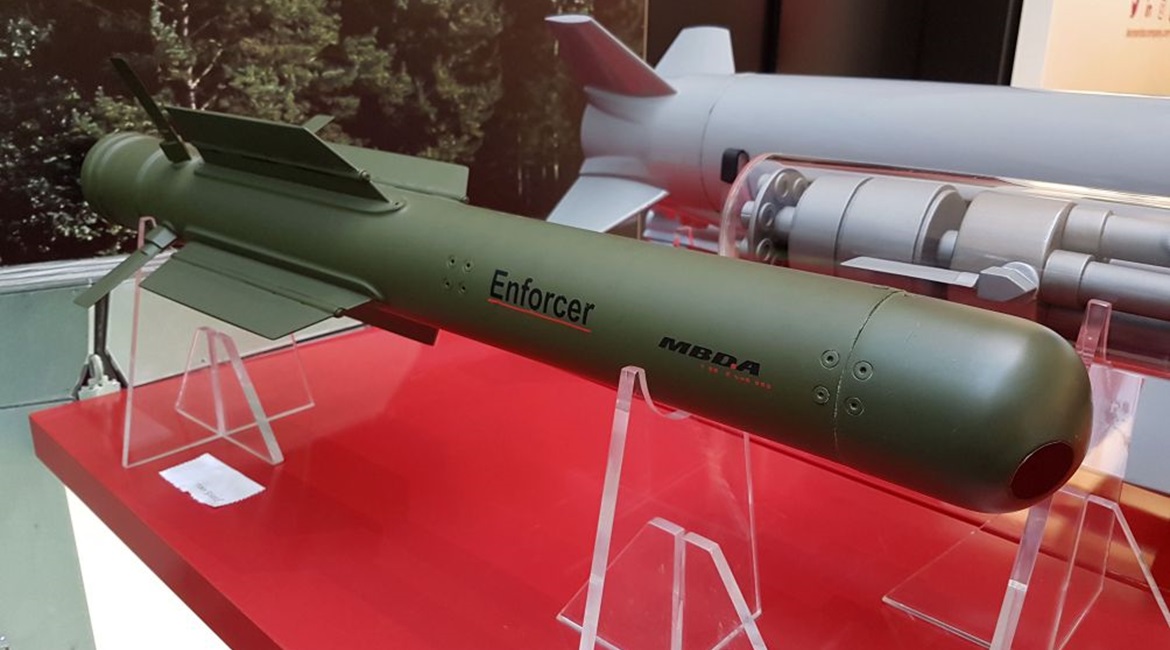 The MBDA Enforcer missile displayed at Berlin Security Conference 2019. The company is pitching the air-launched Enforcer Air at its primary German customer, and also the wider international market.
