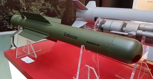 The MBDA Enforcer missile displayed at Berlin Security Conference 2019. The company is pitching the air-launched Enforcer Air at its primary German customer, and also the wider international market.