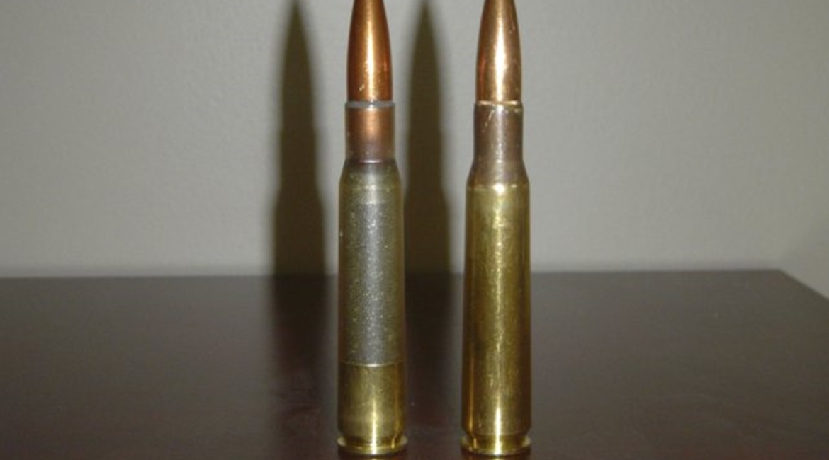 A standard .50 calibre round (right) and MAC's .50 calibre polymer round (left).