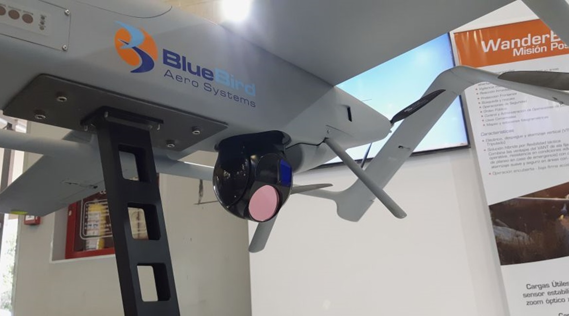Close up of the gimbal displayed on the WanderB at Expodefensa. BlueBird Aero Systems both develops its own payloads and has integrated other companies' payloads.