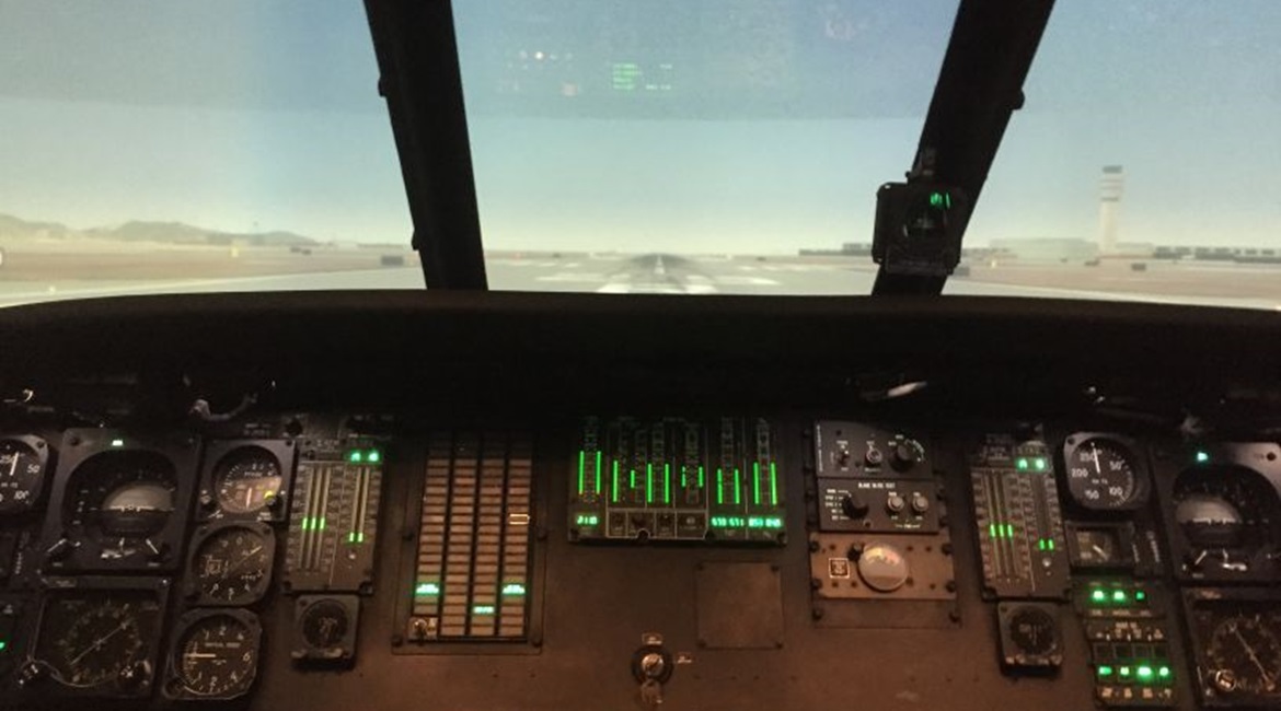 The cockpit view of Sikorsky's six-axis Black Hawk helicopter simulator located in Melgar, Colombia.