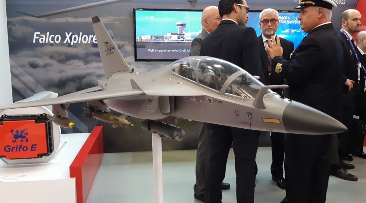 A model of Leonardo's M-346FA aircraft on display at Expodefensa on 3 December 2019.