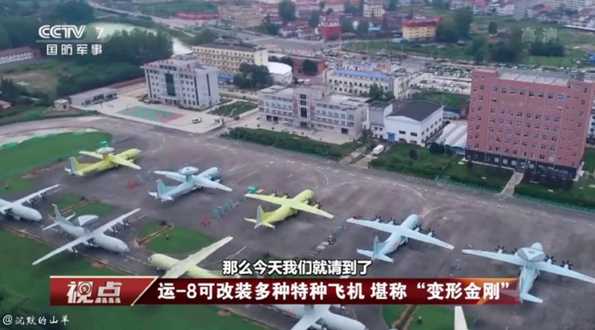 A screengrab from a CCTV-7 video showing a number of Chinese Y-8/Y-9 transport and special mission aircraft at their manufacturing plant in Hanzhong, Shaanxi province.