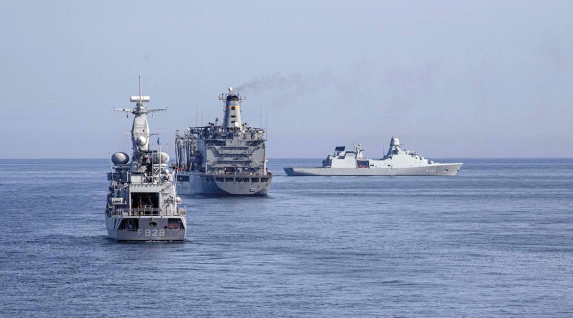The Royal Danish Navy Iver Huitfeldt-class frigate HDMS 
        
         (right), the US Military Sealift Command auxiliary ship USNS 
        
        centre), and the Royal Netherlands Navy M-class frigate HNLMS 
        
         sail in ...