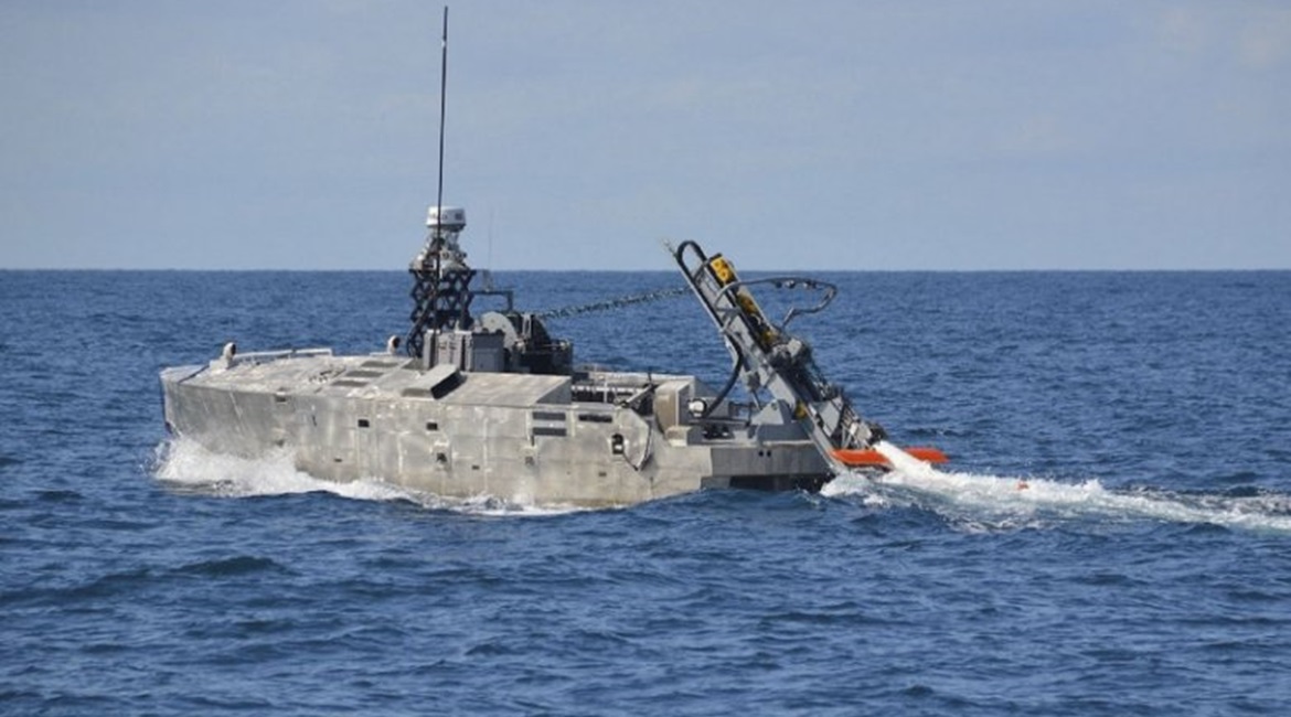 The Mine Countermeasures Unmanned Surface Vessel with the AQS-24B minehunting sonar seen during a sea trial.