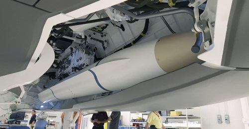 A model of the AARGM-ER missile being used for a fit check in an F-35 weapons bay. The SiAW missile will leverage this missile to provide the F-35A with an internally-carried A2/AD capability.