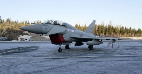 A two-seat Royal Air Force Eurofighter Typhoon T.Mk3 equipped with a Rafael Litening V targeting pod in Finland for evaluation by the Finnish Air Force as part of the country's fighter aircraft procurement.