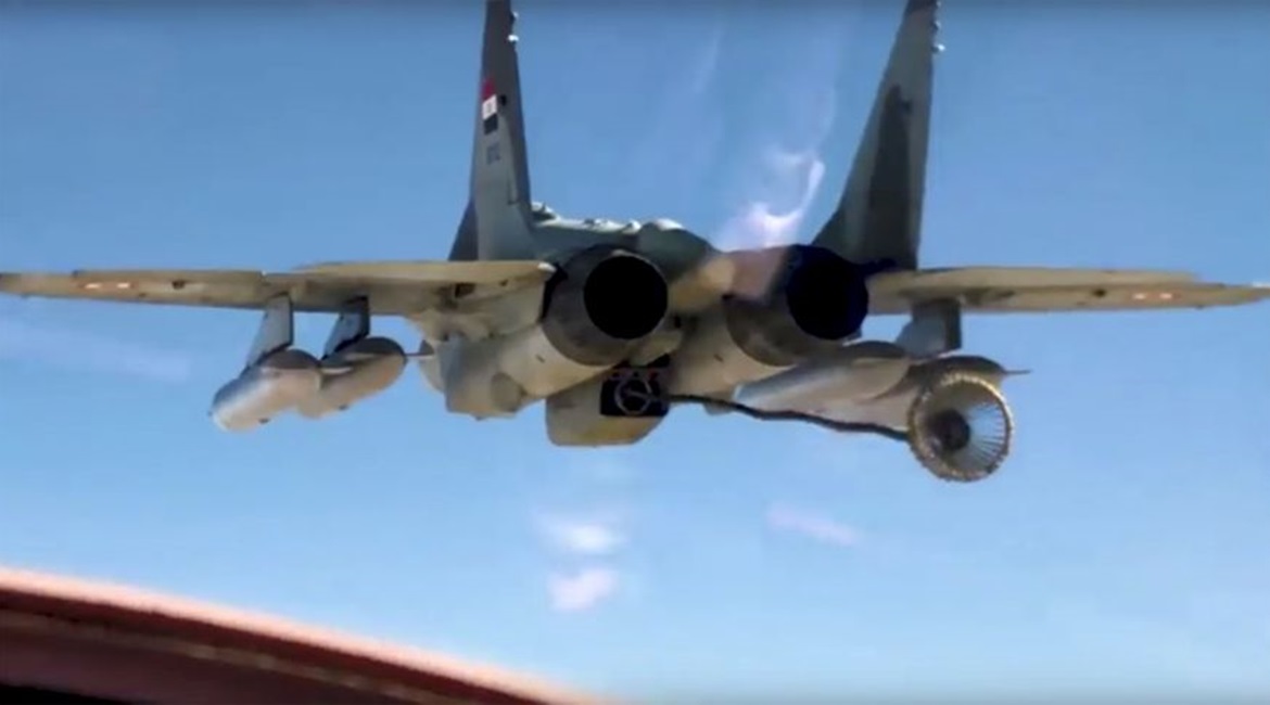 An Egyptian Air Force MiG-29M 'Fulcrum' fighter demonstrating a buddy-buddy aerial refuelling system in an official MoD video released on 13 January. The hitherto unknown capability will extend Egypt's ability to project air power beyond its national b...