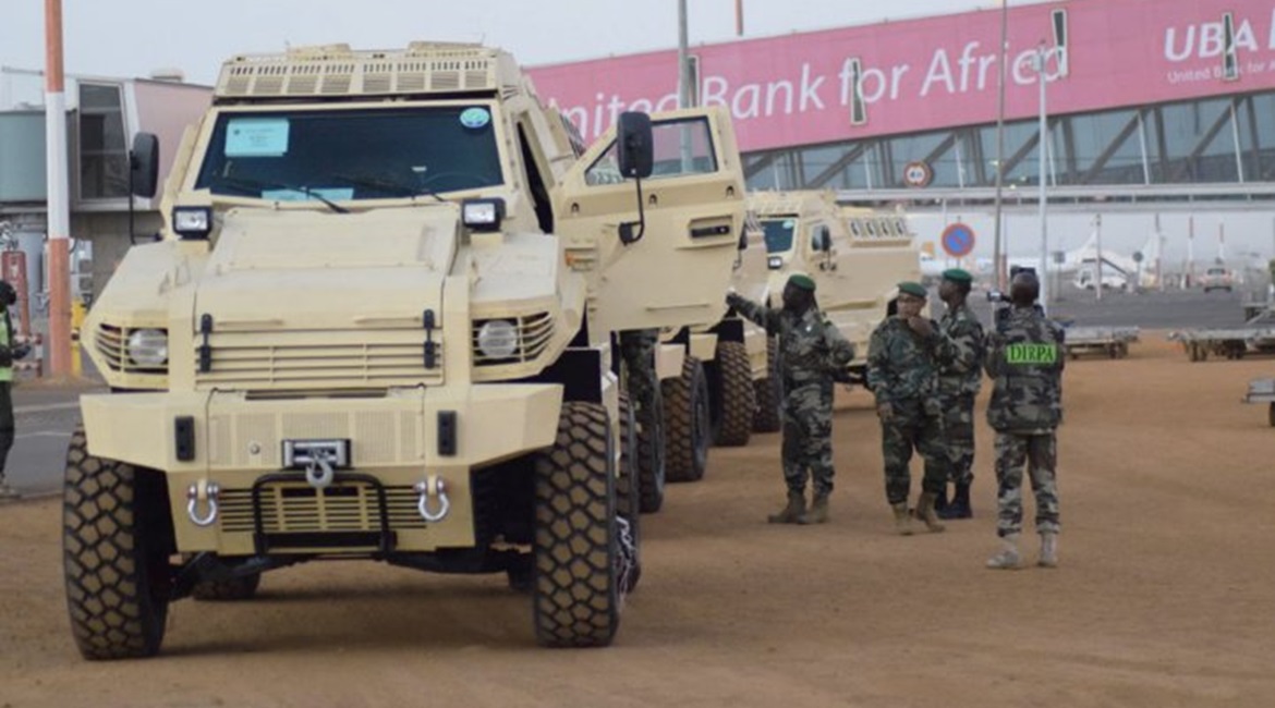 Four Streit Typhoon MRAPs are seen at Bamako's international airport after they were delivered from the UAE