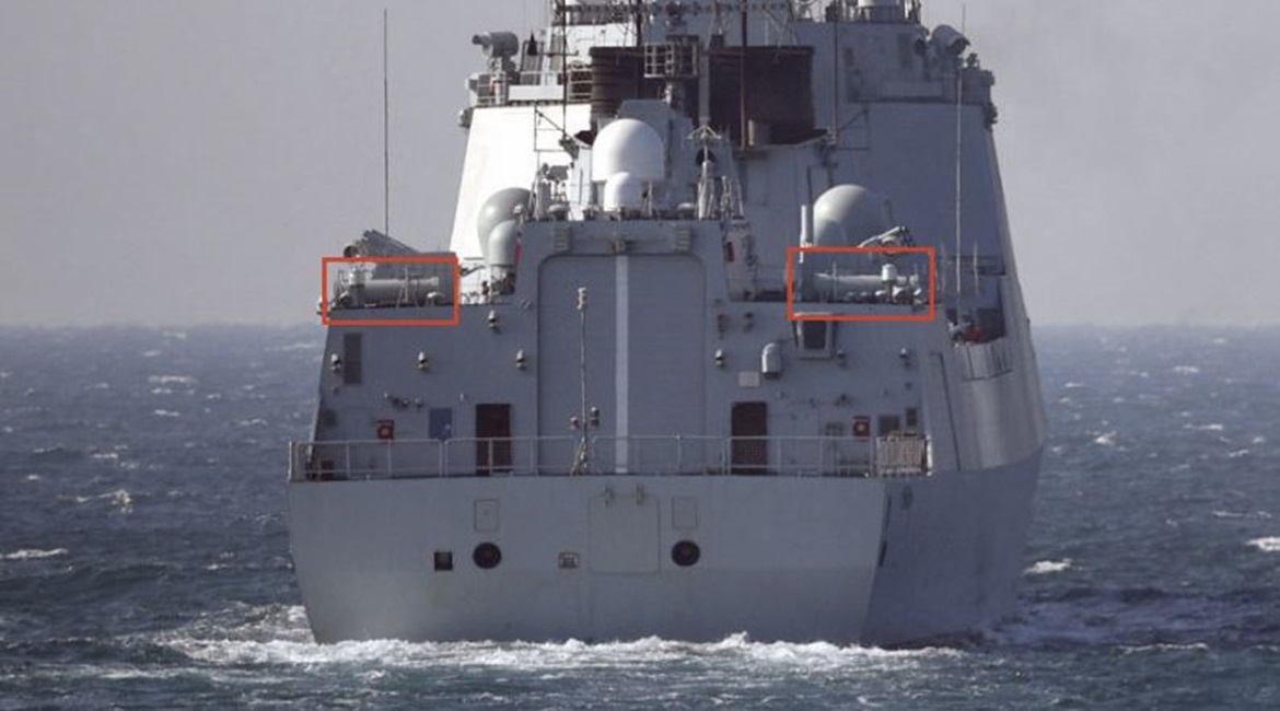 A view of the stern of PLAN Type 052D destroyer
        
        . The warship has been fitted with what appears to be an anti-ship missile countermeasures system.