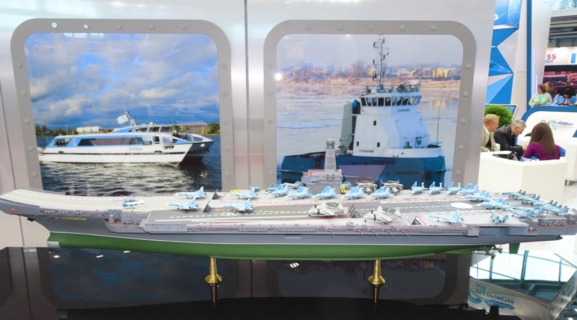 A scale model of the proposed Project 11430E Lamantin-class nuclear-powered aircraft carrier.
