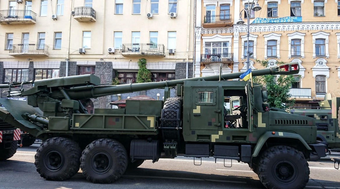 A prototype of the 155 mm 2S22 Bogdana is shown during an Independence Day parade. The system is slated to undergo trials until mid-2020 and could be in service one or two years later.