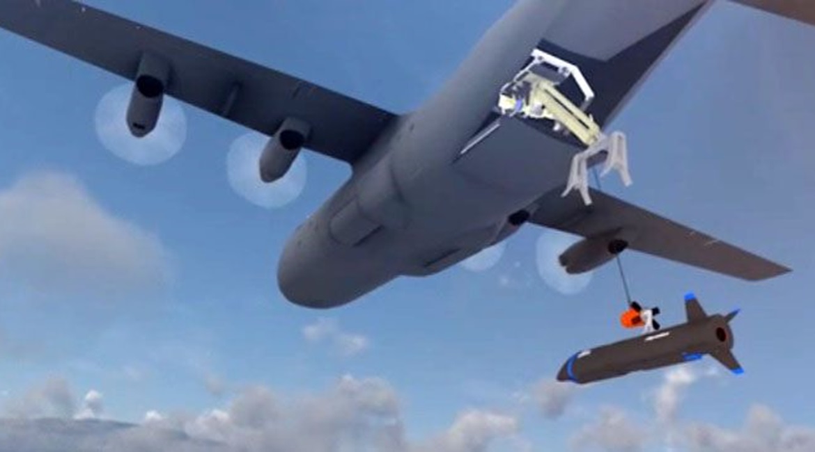 A screenshot from a US Air Force video showing one of two ways DARPA plans to aerial recover the X-61A. The other way is via a similar hose-and-drogue device positioned off the right wing of the C-130.