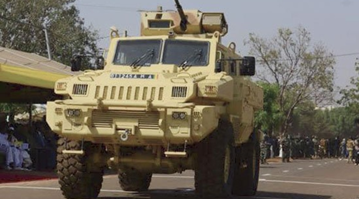 A Paramount Marauder is seen with a turret armed with a 14.5 mm heavy machine gun for the first time in Mali during the parade in Kati on 20 January.