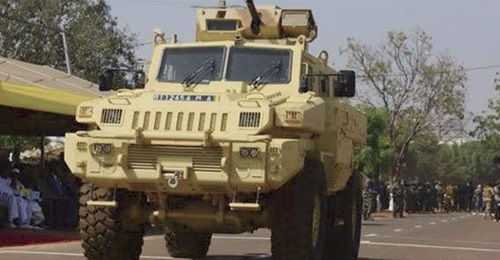 A Paramount Marauder is seen with a turret armed with a 14.5 mm heavy machine gun for the first time in Mali during the parade in Kati on 20 January.