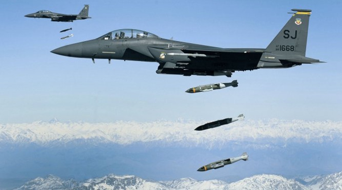US Air Force F-15E Strike Eagles dropping munitions on Afghanistan at the height of the conflict some years ago. The US military recoded the most number of airstrikes for a decade in 2019 as the security situation on the ground deteriorates.