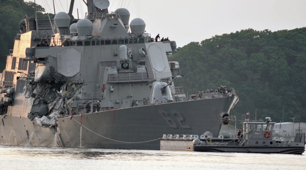 Guided missile destroyer USS 
        
         (DDG 62) suffered heavy damage in a 2017 collision with a merchant vessel.