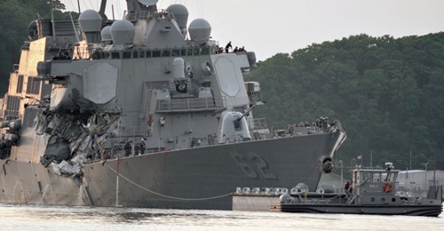 Guided missile destroyer USS 
        
         (DDG 62) suffered heavy damage in a 2017 collision with a merchant vessel.