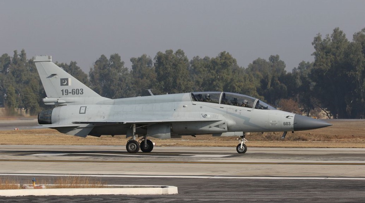 A JF-17B aircraft is pictured taxiing out for a test flight test from PAC Kamra in late January 2020.