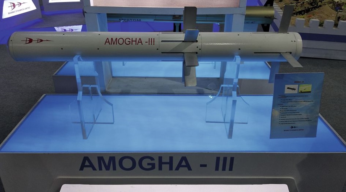 A model of the developmental Amogha-III ATGM displayed at Defexpo 2020