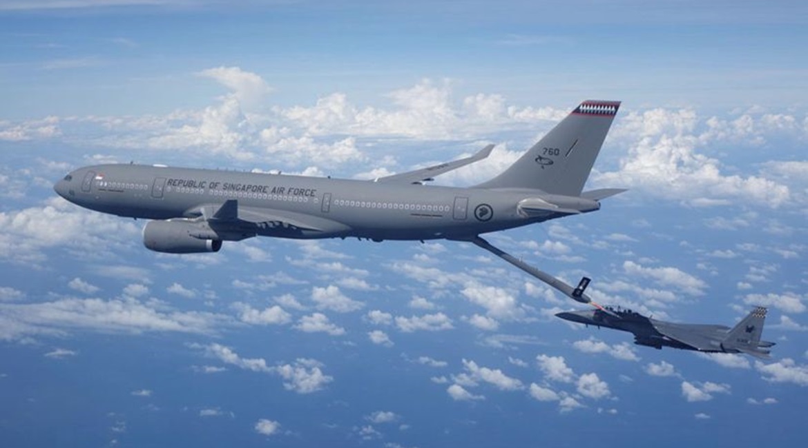 An RSAF A330 MRTT in a refuelling operation with the service's F-15SG fighter.