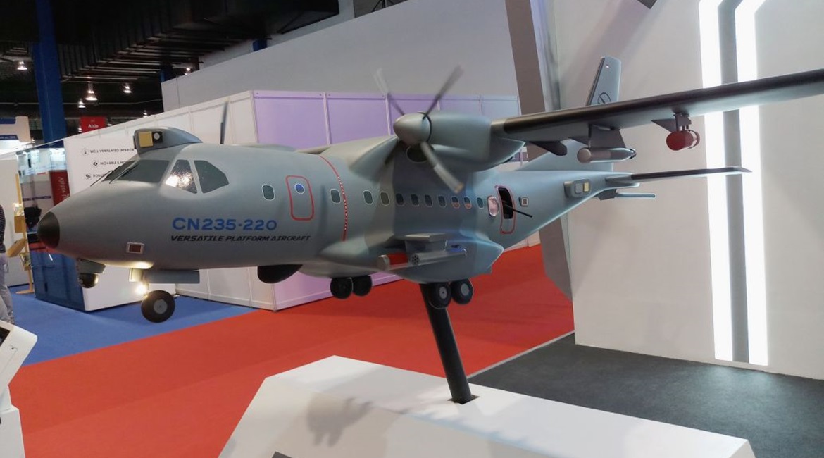 A model of the CN-235 gunship is pictured on display at the Singapore Airshow 2020 exhibition.