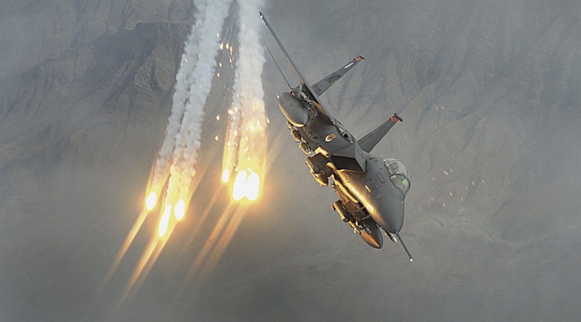 A US Air Force F-15E Strike Eagle dispenses flares during the supposed-height of the Afghan conflict in 2010. Since that time, the number of airstrikes conducted by US aircraft has markedly increased, with 2019 posting record figures. The first month o...