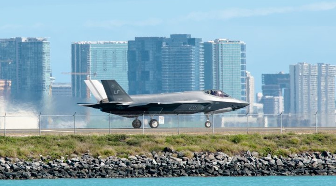 A F-35A, assigned to Luke Air Force Base, Arizona, taxis down the Honolulu Airport runway on 29 January. Newer model F-35As have developed cracking in the outer mold-line coatings and the underlying chine longeron skin after gun use.