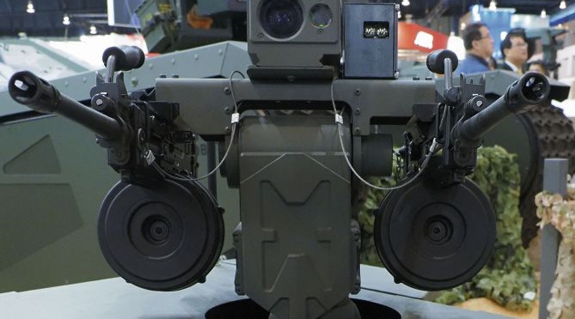 Close up of the Adder Micro remote weapon station, showing its twin weapons mount and independent optical sensors.