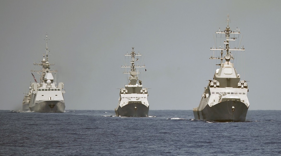 INS 
        
         leads another Sa'ar 5 fitted with the ALPHA radar during Exercise 'Mighty Waves' in August 2019. They are followed by the French frigate 
        
        .