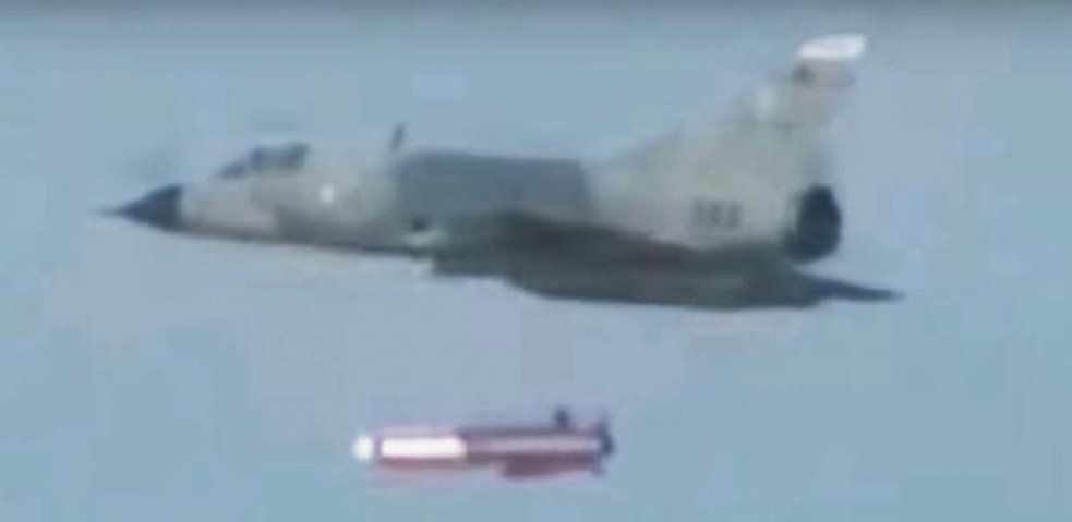 A still from a low-resolution video provided by Pakistan’s ISPR showing a PAF Mirage III fighter launching the latest variant of the Ra’ad II ALCM with a range of 600 km. (ISPR)