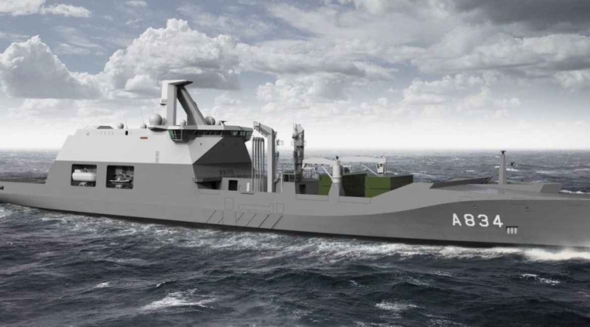 An artist's impression of the new combat support ship, 
        
        to be built by Damen for the RNLN