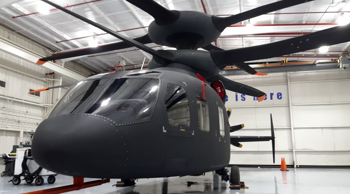 The Sikorsky-Boeing SB>1 Defiant coaxial helicopter on display at Sikorsky's flight facility in West Palm Beach, Florida, on 19 February.