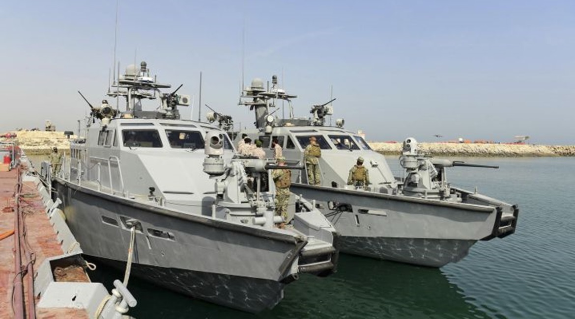A Skyguard 3 fire-control unit can be seen in the background (left) of this photograph of US Navy Mk VI patrol boats arriving for an exercise at King Abdulaziz Naval Base.