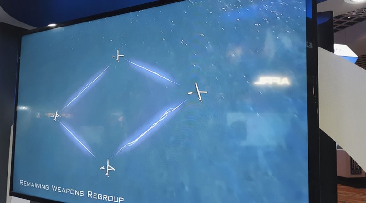 Collaborative Small Diameter Bomb 1s (CSDB-1s) regroup during a video of a Golden Horde demonstration. The video was displayed on 28 February at the AFA Air Warfare Symposium.