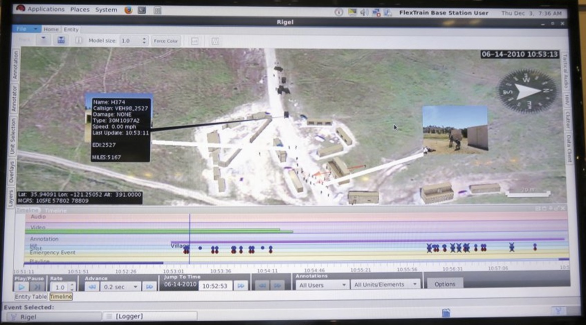 Screenshot of the ORION exercise control and analysis software in the Ravenswood MGTI system, showing exercise activity with live video and entity identification tag. The exercise timeline is along the bottom.