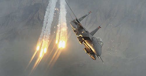 A US Air Force F-15E Strike Eagle dispenses flares during the supposed-height of the Afghan conflict in 2010. Despite a peace deal having been signed on 29 February, the US resumed air strikes just four days later in response to Taliban attacks on ANDS...
