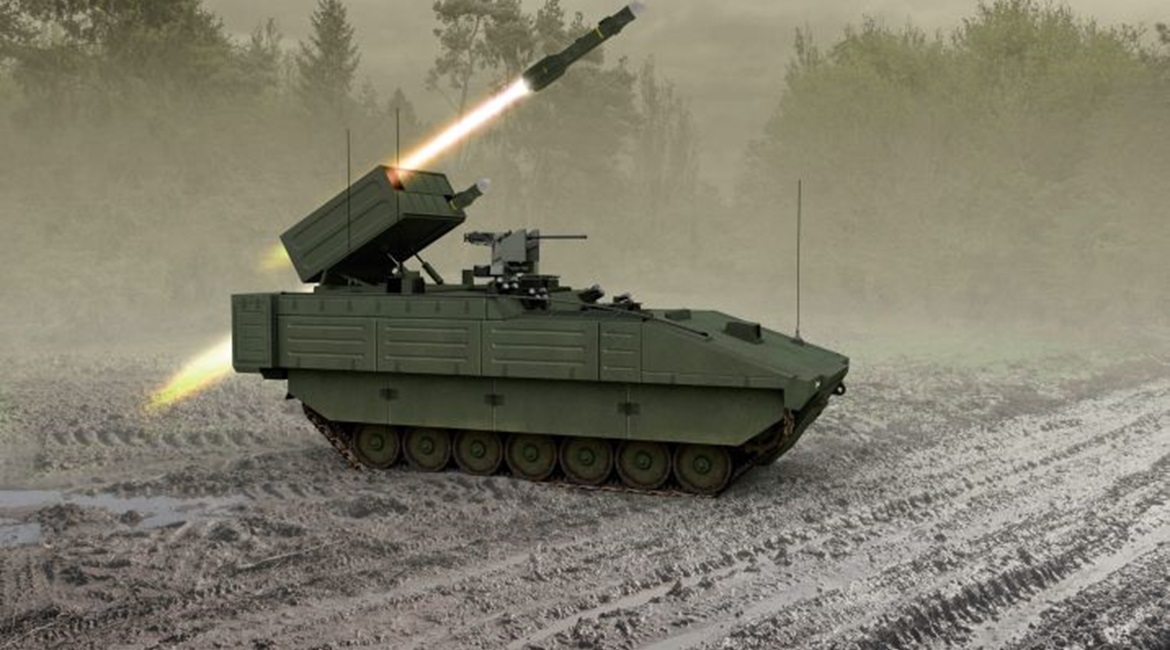 Counter-mass armour concept: Computer-generated image of a cassette of MBDA Brimstone surface-to-surface variant missiles mounted on a British Army Ares tracked reconnaissance support platform.