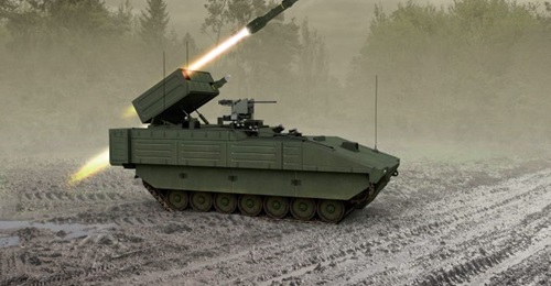 Counter-mass armour concept: Computer-generated image of a cassette of MBDA Brimstone surface-to-surface variant missiles mounted on a British Army Ares tracked reconnaissance support platform.
