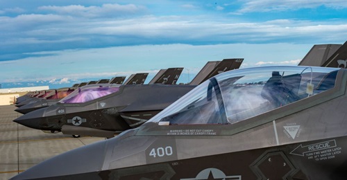 Ten F-35C aircraft sit on the flight line at Naval Air Station Lemoore in California on 28 February 2019. The Pentagon is looking to extend the life expectancy of the F-35's organic light emitting diode (OLED) helmet-mounted display (HMD) beyond its pr...