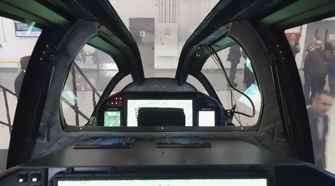 View from the back seat of Bell's 360 Invictus mockup at the company's Dallas-Fort Worth facility in January 2020. The aircraft was selected to move forward with the US Army's FARA-CP effort.