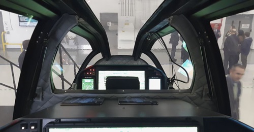 View from the back seat of Bell's 360 Invictus mockup at the company's Dallas-Fort Worth facility in January 2020. The aircraft was selected to move forward with the US Army's FARA-CP effort.