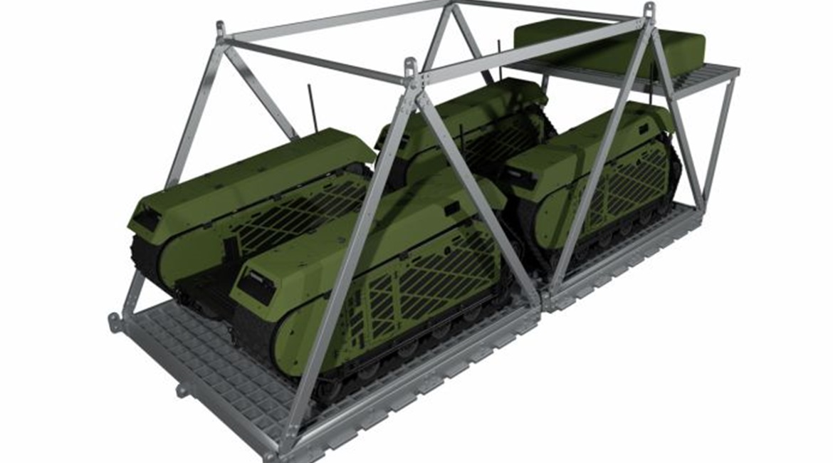 Conceptual illustration of the ATAX airdrop system with two THeMIS unmanned ground vehicles.