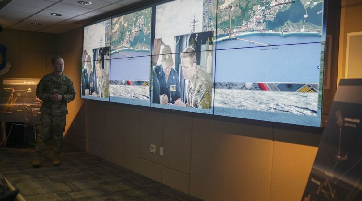 Lieutenant Colonel Matthew Strohmeyer, NORTHCOM scenario co-ordinator, delivers a capabilities brief to senior leadership during the first-ever Advanced Battle Management System (ABMS) demonstration on 18 December 2019 at Eglin Air Force Base, Florida....