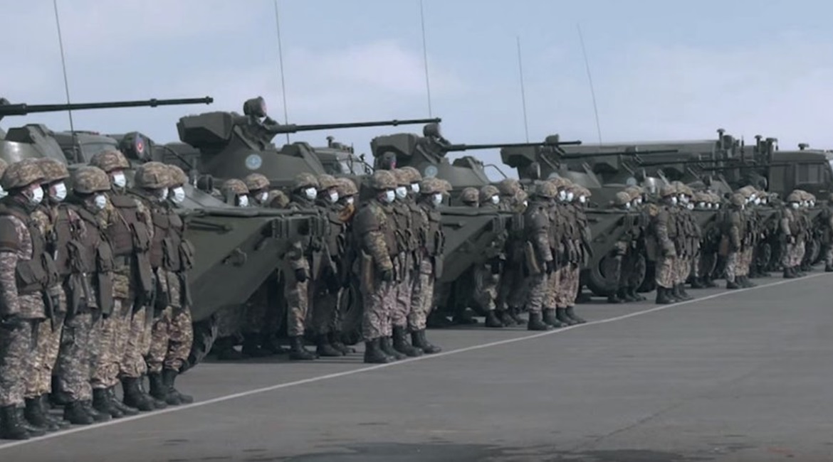 Kazakh troops alongside BTR-82A armoured personnel carriers and truck-mounted ARS-14KZ decontamination units ahead of a mission to help stem the spread of the Covid-19 coronavirus in their country.
