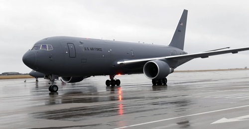 A KC-46A Pegasus arrives at McConnell Air Force Base, Kansas, on 10 January 2020. Leaky 'U Cup' seals are causing the KC-46A's fuel system to leak between its protection barriers.