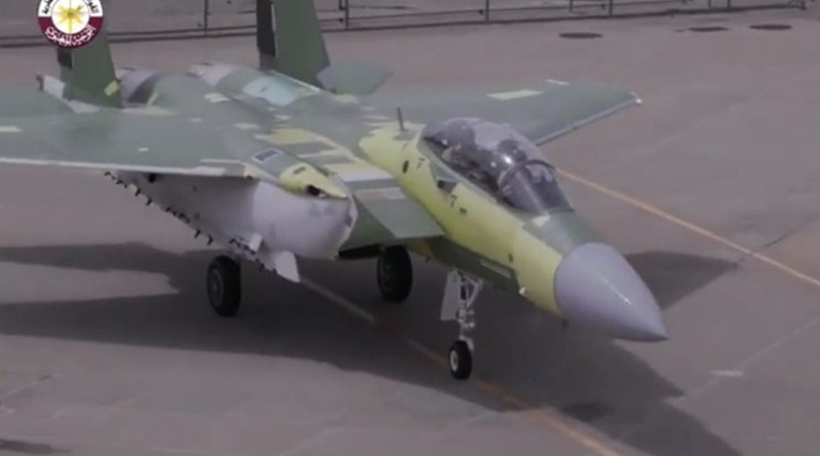 A screenshot of a Qatari MoD video showing the conclusion of the maiden flight of the first F-15QA for Qatar.